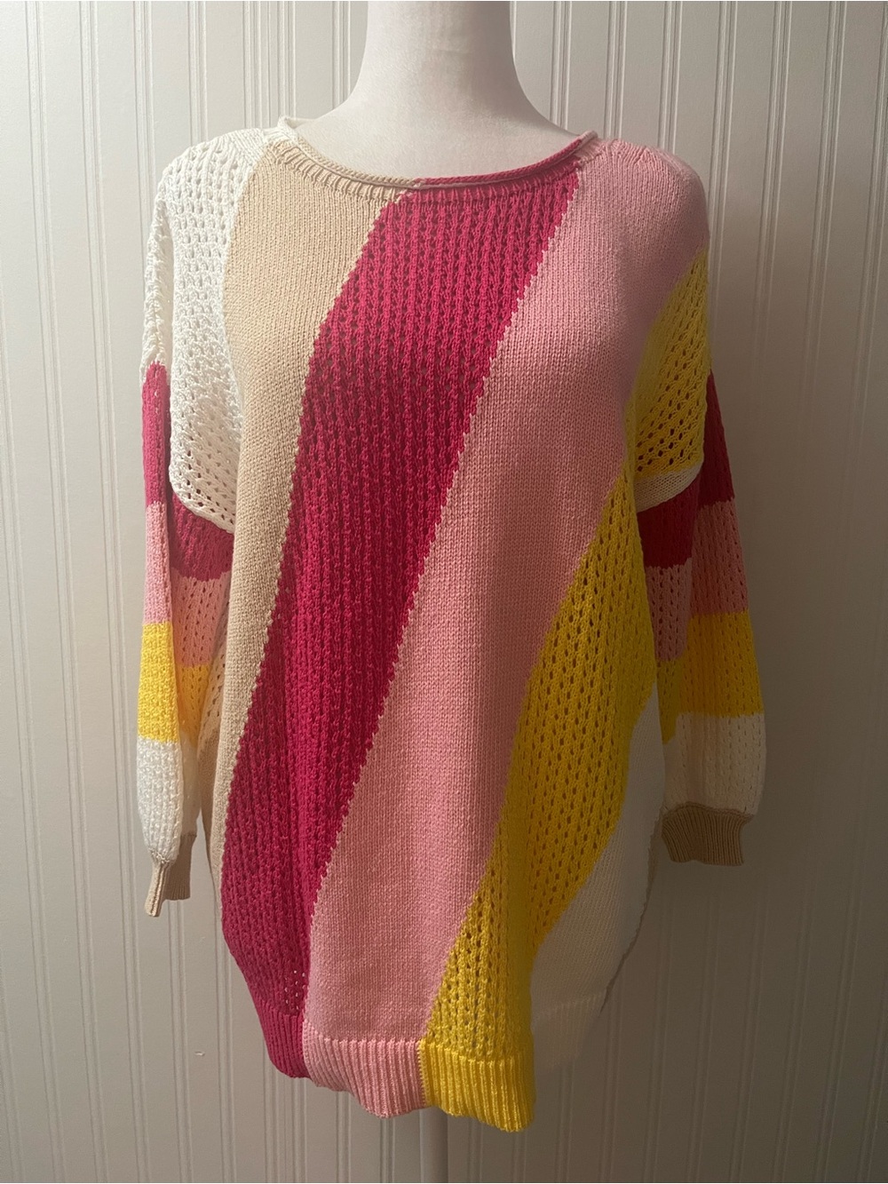 Ost Multicolor Diagonal Stripe Crewneck Sweater - Pink, Yellow, Cream
